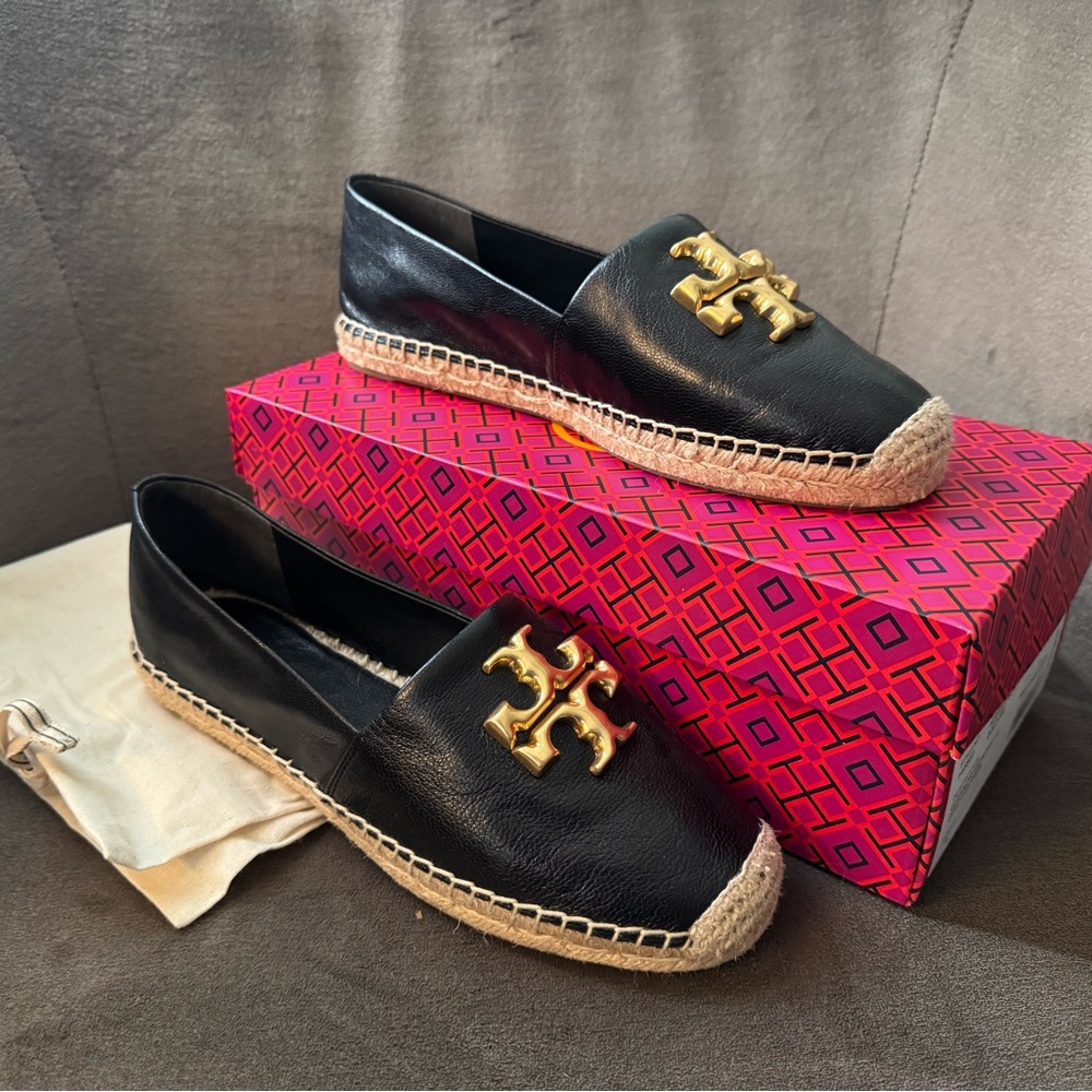 Tory Burch Black Espadrille Shoes with Gold Emblem